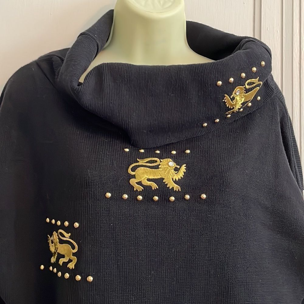 Vtg‎ 80s Gepetto black cotton cowl neck sweater with gold embroidered griffins